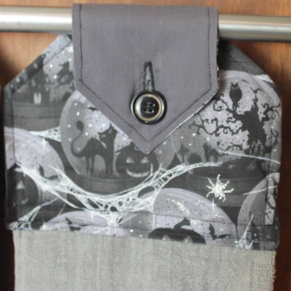 GRAY & BLACK PUMPKIN-CAT HALLOWEEN HAND TOWELS SET OF 2 HANDMADE HANGING KITCHEN